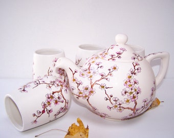 Cherry Blossom Teapot with 4 Matching Cups