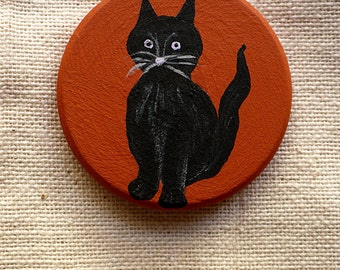 Halloween Cat & Cauldron - Samhain Miniature Art - Pocket Charm - OOAK