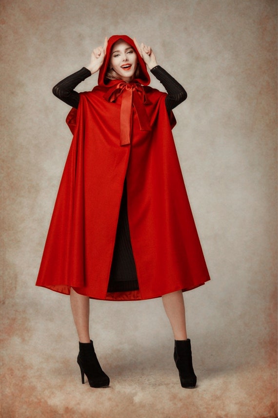 Wool Cloak Cape in Red Hooded Wool Coat Hooded Jacket Red
