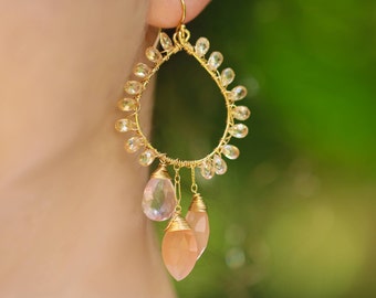 Peach Moonstone Earrings Peach Chandelier Earrings Rose Quartz Earrings Salmon Earrings Peach Earrings Wire Wrapped Peach Gemstone Earrings