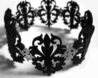 Black Laser Cut Leather Lace and Sterling Silver Choker Necklace - Fleur de Lis - OBSIDIAN QUEEN