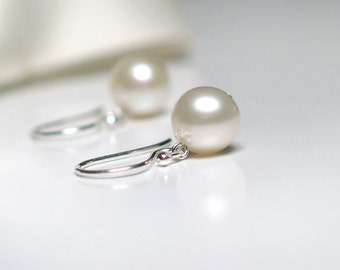 Classic Pearl Earrings | 7mm Warm White Freshwater Pearls | Sterling Silver | Small Dangles | Birthday Gift | Wedding | Everyday Pearl Drops