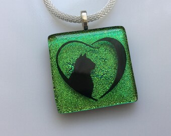 Cat Necklace, Dichroic Glass Cat Pendant, Fused Glass Jewelry, Cat Heart Necklace
