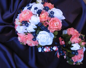 Navy and Coral Reef Bridal Bouquet, Silk Coral Reef and Navy Wedding Flowers