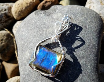 Deep Blue Flash Labradorite Sterling Silver Wire Wrapped Pendant Necklace