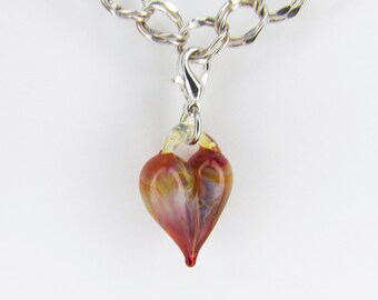 Pink Glass Love Charm Pendant, Hand Blown Glass , Glass Heart Clip, Boro dangle, Lampwork jewelry, Boro, Heart Charm Clasp