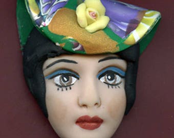 Polymer Clay OOAK Detailed Art Doll Face with Faux Fabric Clay Abstract hat Cab FWH 1
