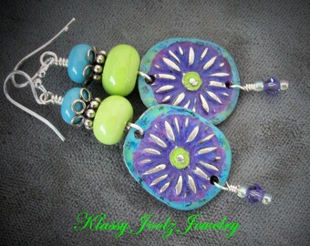 Pewter and Glass Lampwork Beaded Earrings-Flower Pewter Charms-Flower Earrings-Artisan Earrings-Tribal-Primitive-Rustic Earrings-SRAJD