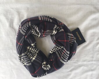 Navy Plaid Flannel Infinity Scarf with Hidden Zipper Pocket / Hidden Pocket Scarf/ Travel Scarf