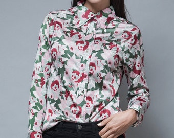 polyester blouse printed shirt top floral long sleeves slinky vintage 70s S M SMALL MEDIUM