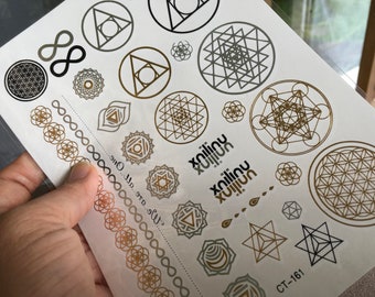 Sri Yantra Temporary Gold Silver Tattoos Dance Festival Sacred Geometry Flower of Life Infinity Chakras Flash Tattoos