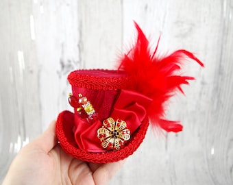 Red on Red Small Mini Top Hat Fascinator, Alice in Wonderland, Mad Hatter Tea Party, Derby Hat