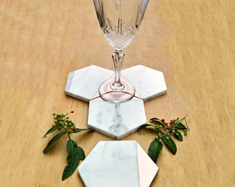 Rose Gold Coasters, Rose Gold Gift, Marble and Rose Gold, Marble Coasters, Coasters, Drink Coasters, Carrara Marble, Coasters for Drinks