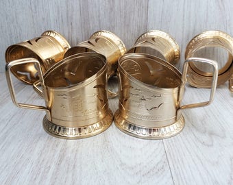 Russian tea glass holders set of 6 Vintage podstakannik Soviet glass holder USSR tea cup holders Retro podstakan Aluminum glass holder Gift
