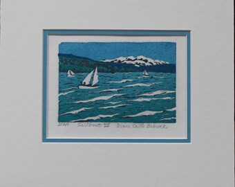Sailboat linoleum block print