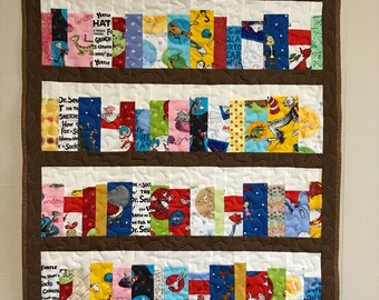 Dr Seuss Book case quilt, 4 shelf book case, library quilt, The Cat in the Hat wall hanging, machine quilted, 30" x 42"