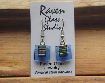 Blue dichroic glass earrings, Fused glass jewelry, Art glass earrings, Dangle earrings, Kiln fired glass earrings, Fused glass, EA151A