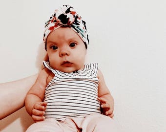 Newborn Turban - Mint and Pink Floral on Black Headwrap - Baby Turban Headband - Newborn Headwrap - Top Knot Turban - Baby Turban - Headband