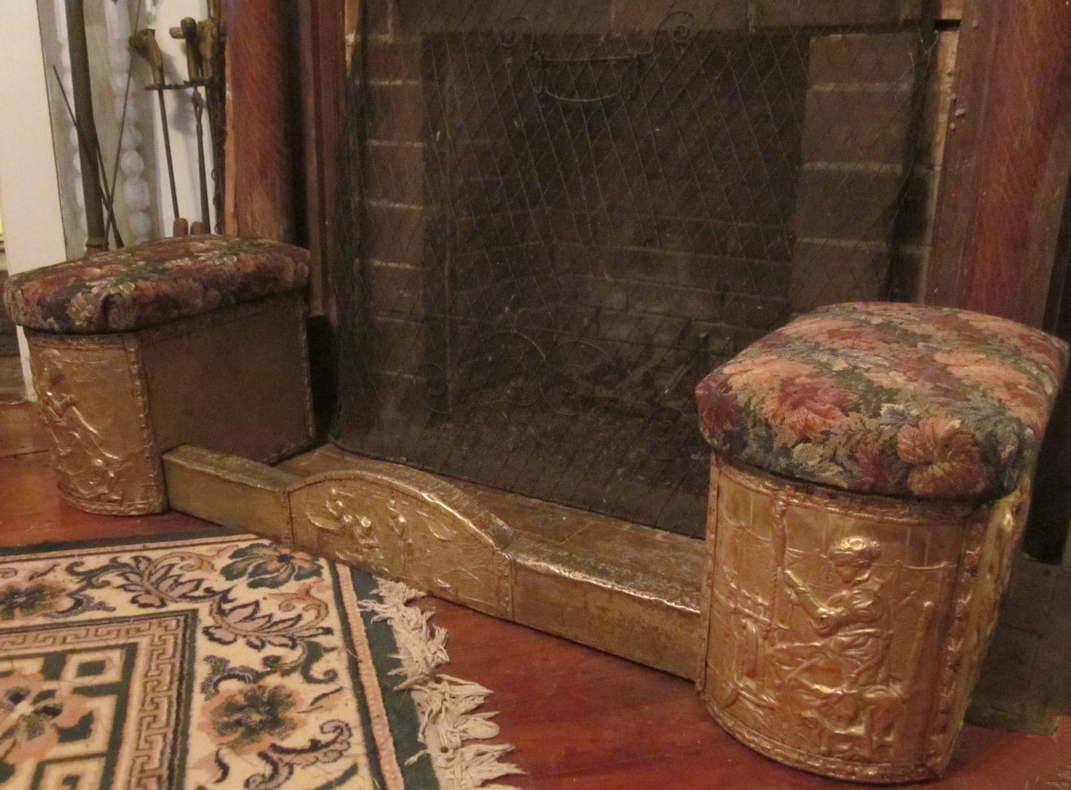 Rare Antique Embossed Brass On Wood Adjule Fireplace Zoom