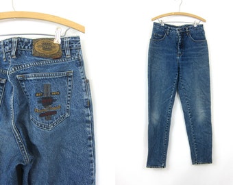 80s High Waist Blue Jeans Worn In Denim Tapered Leg Retro Mom Betty Jeans Vintage 1980s Hipster high Rise Pepe London Women's size 31 x 32