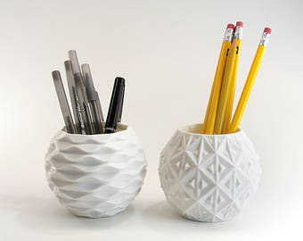 Pen Pot Set of 2 Cute Geometric Pots White Desk Organizer Set White Pencil Holders Geometric Desk Decor Geometric Pencil Holder