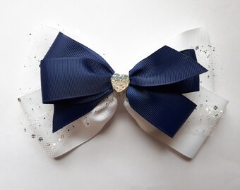 Navy Blue/White Hair Bow with Sparkle Embellishment