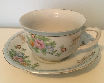 Vintage Japanese China Floral Powder Blue and Gold Teacup and Saucer