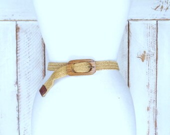 Vintage tan/light brown elastic stretch chord skinny wooden buckle belt/woven jute twine chord elastic belt