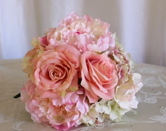 Pink Poenies Bridal Bouquet, Peach Roses and Hydrangea Brides Bouquet, Romantic Peach and Pink Rose Peony Hydrangea Brides Wedding Bouquet