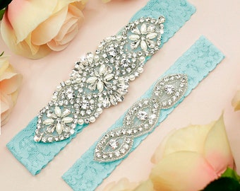 Something Blue Garter, Light Blue Wedding Garter, Light Blue Lace Garter, Lace Garter Blue, Lace Wedding Garter, Rhinestone Garter Set, 1