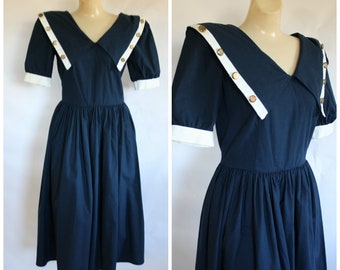 1980s Sailor Dress / Vintage Navy Blue Dress / Modest Blue Dress / Blue Nautical Dress / 80s Day Dress / Vintage 80s Blue Sailor Dress S