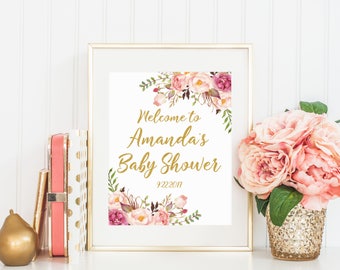 Welcome Baby Shower Sign, Welcome to Printable Sign, Floral Baby Shower, Girl Baby Shower Decoration, Baby Shower Sign, Glitter Gold 02