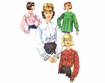1960s Misses Front Button Blouse Pattern Simplicity 5573 Vintage Sewing Pattern Smock Long Sleeves Tie Collar Size 12 Bust 32 UNCUT