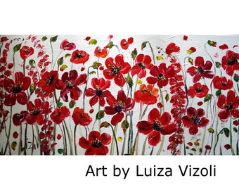 RED FLOWERS On White 48x24 Large Canvas Oil Painting by Luiza Vizoli Ready to Ship