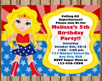 Blonde Wonder Woman Birthday Invitations- Wonder Woman Birthday Party- Superhero Birthday- Superhero Invitations - 5" x 7" size- Digital