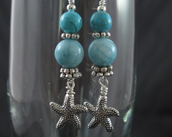 Larimar Bead Earrings - Turquoise Earrings - Beach Earrings -Starfish Charm - Silver plated Ear Wires - Gift for Her