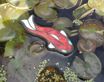 Koi, Floating Stained Glass Mosaic Art, Water Garden Decor, Sculpture, Outdoor Rooms, Home Decor, Original Art, Pond Art, Red Fish