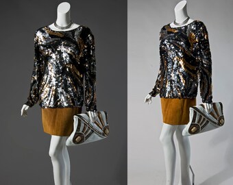 80s Oleg Cassini black, bronze, & silver sequin top | small