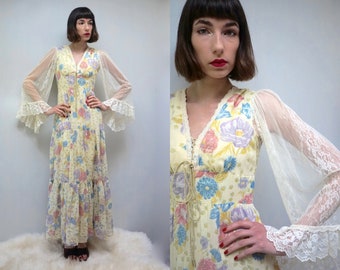 BOHEMIAN Dress Gypsy Dress CORSET Dress 70s BOHO Bridesmaid Dress Floral Dress Hippie Dress Maxi Dress 70s Dress Angel Sleeve Dress Cotton