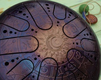 TANK DRUM ( handpan steel tongue drum handpan drum steel drum hank drum singing bowl zodiac ) 12"/30cm "New Horocsope " Kosmosky + Bag
