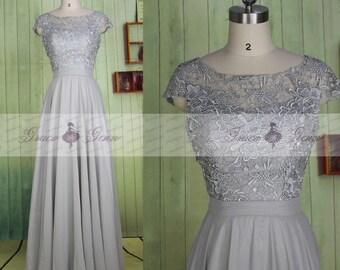 Grey Bridesmaid Dresses,Long Lace Chiffon Simple Wedding Dress,Cap Sleeve Prom Gown,Mother Of The Bride Dress,Formal Evening Gown Dresses