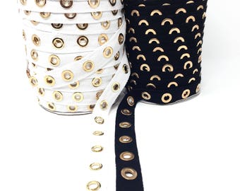 Black OR White Eyelet Gold Plated Cotton Twill Tape By the Yard