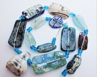 Roman Glass Beads Blue and Turquoise Full Strand