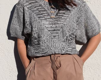 Vintage black & white short sleeve cotton knit blouse,sweater.one size