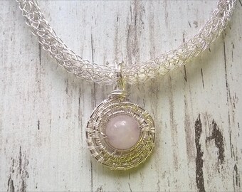 Rose quartz silver plated pendant necklace with viking knitting