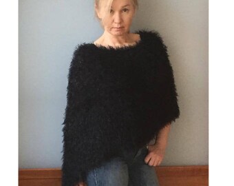Faux fur knit poncho, Hand knit poncho,Black poncho, Vegan poncho,Women black wrap,Faux fur cape,Black cape,Faux fur knitwear,Vegan knitwear