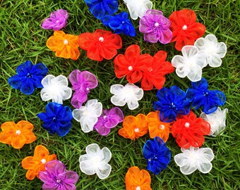 Mixed Beaded Flowers (25mm each- 50 pieces), Chiffon Flowers with Pearl, Mixed Color Flowers, Assorted Flowers, Mini Craft Flowers