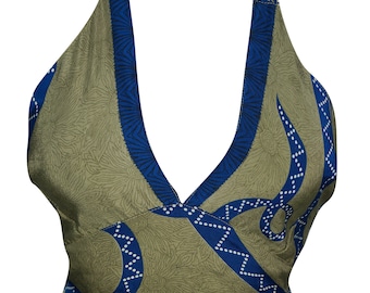 Green/Blue Sexy Crop Top Deep Neck Recycled Silk Halter Tops Blouse One Size