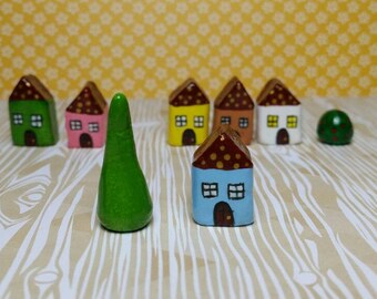 Little clay houses with polka dots in the roof. Miniature collectable home. Tiny decorative ornament.
