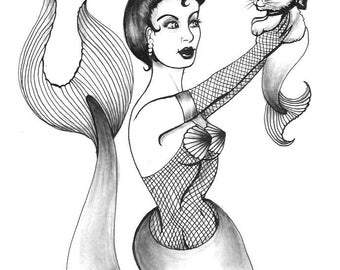 Original art Ink drawing - Kitty & Mermaid